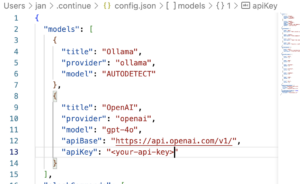 "models": [
    {
      "title": "Ollama",
      "provider": "ollama",
      "model": "AUTODETECT"
    },
    {
      "title": "OpenAI",
      "provider": "openai",
      "model": "gpt-4o",
      "apiBase": "https://api.openai.com/v1/",
      "apiKey": "<your-api-key>"
    }