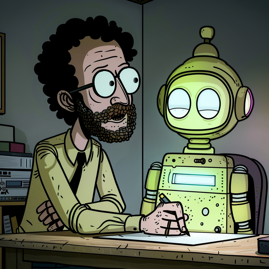 Comic-Bild eines bärtigen Mannes, der schreibt; neben ihm ein freundlicher Roboter