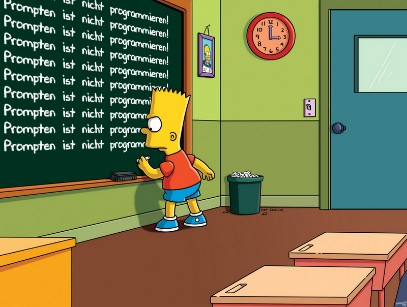 Bart Simpson vor der Kreidetafel, mit Kreide 10x der Schriftzug:  "Prompten ist nicht Programmieren!"