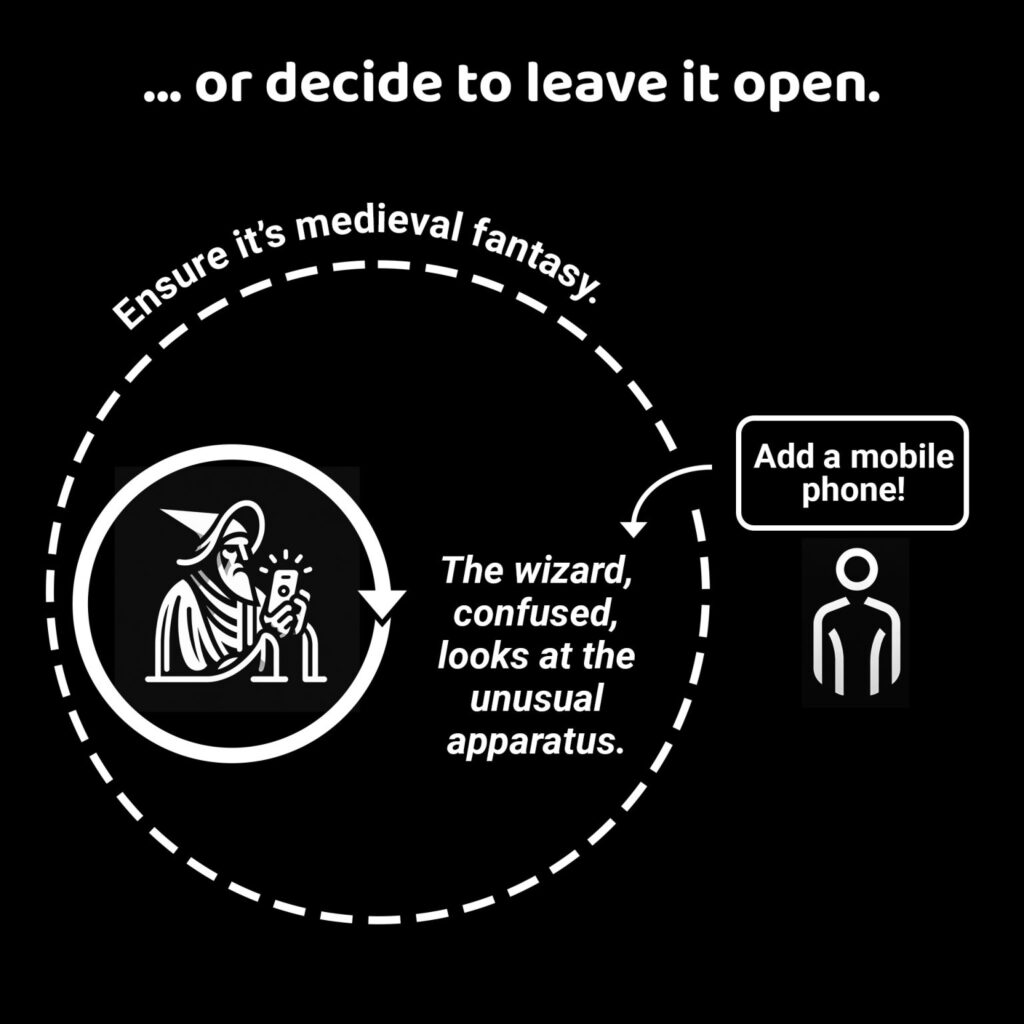 Erklärbild mit dem Evertrail-Zyklus: "...or decide to leave it open." In einem gestrichelten Kreis mit den Worten "Ensure it's medieval fantasy" ist symbolisch ein Zauberer zu sehen, der verdutzt auf ein Handy blickt: "The wizard, confused, looks at the unusual apparatus."