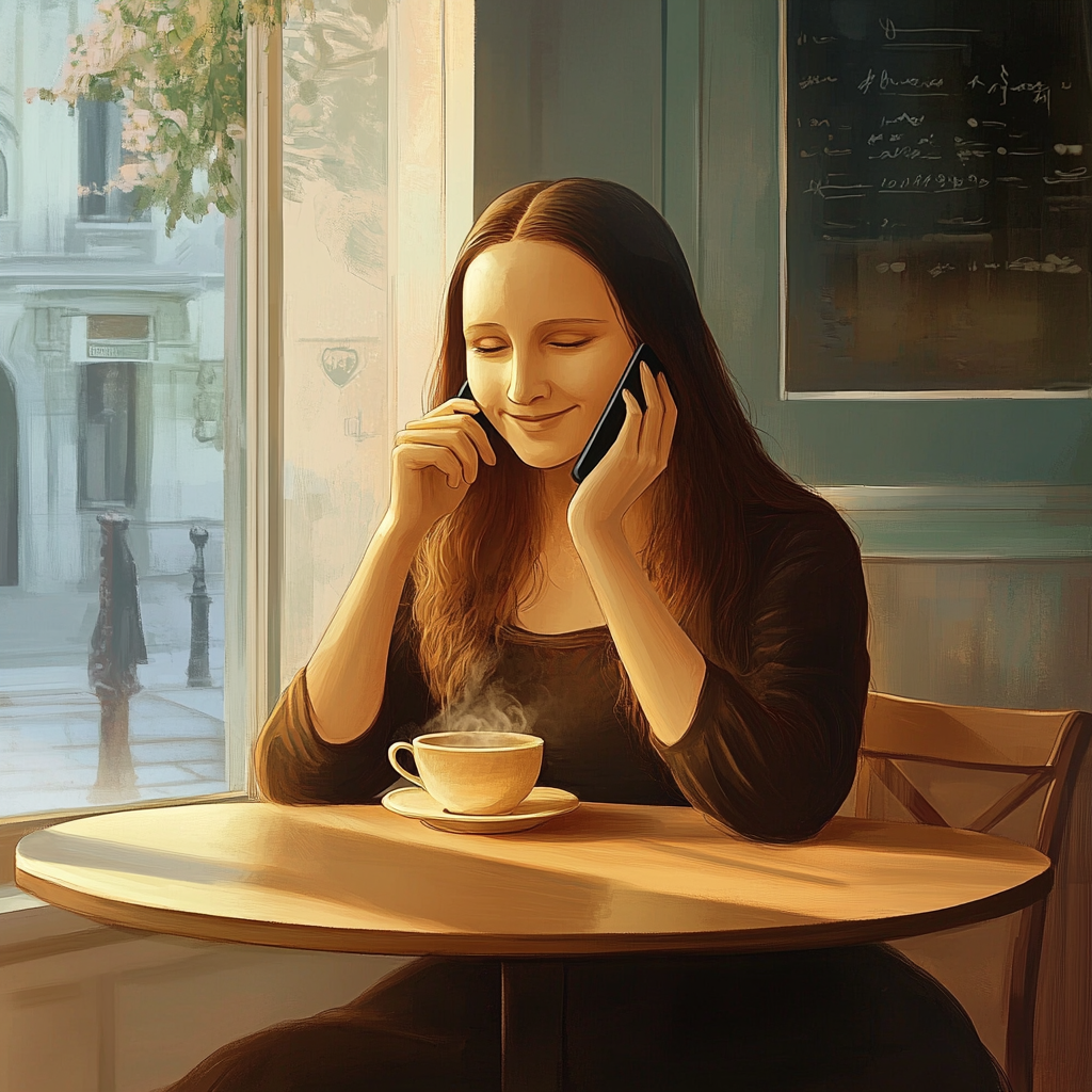 Junge Frau in einem Café, Ähnlichkeit mit der Mona Lisa, stilistisch zwar eine Illustration, aber eindeutig kein Renaissance-Gemälde