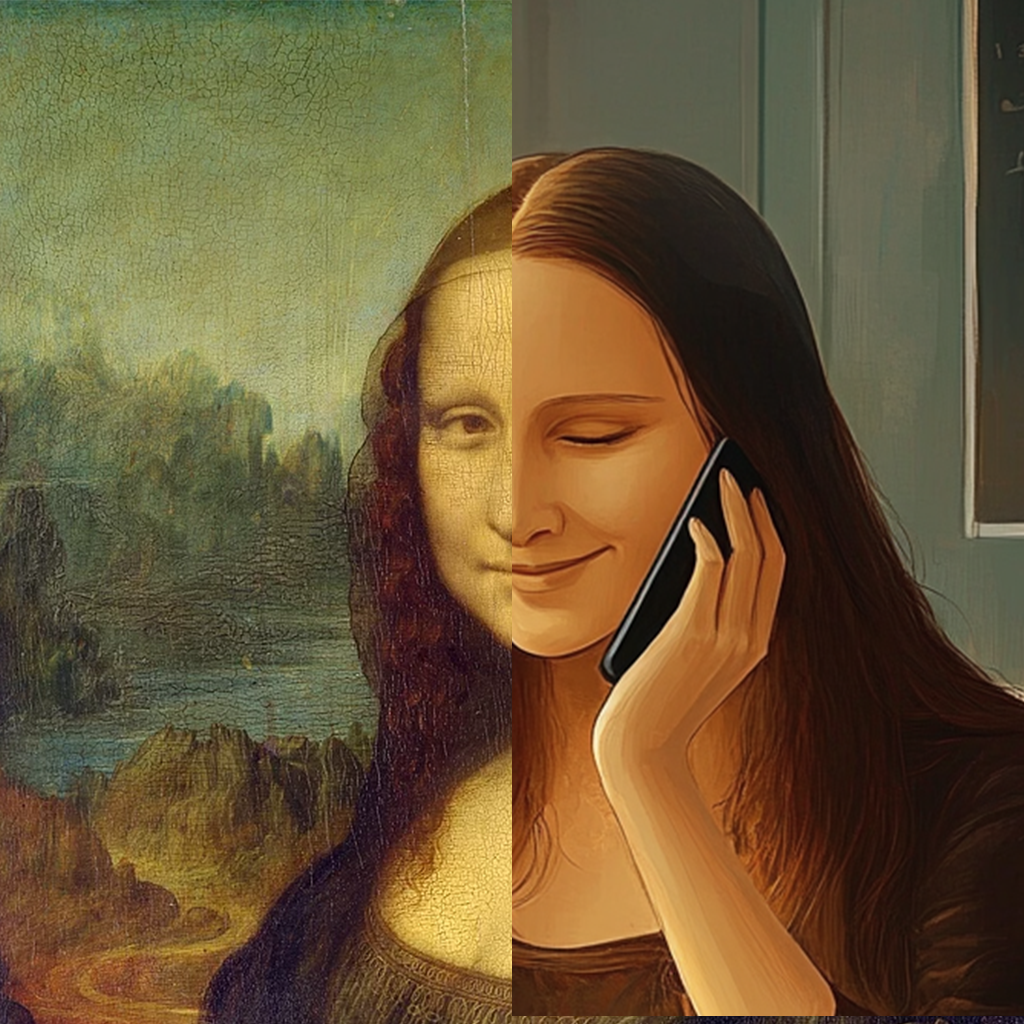 Geteiltes Bild: Links die Mona Lisa, rechts die junge Frau aus dem ersten Beispiel, dem "Style Reference"-Bild im Café, generiert von Midjourney.