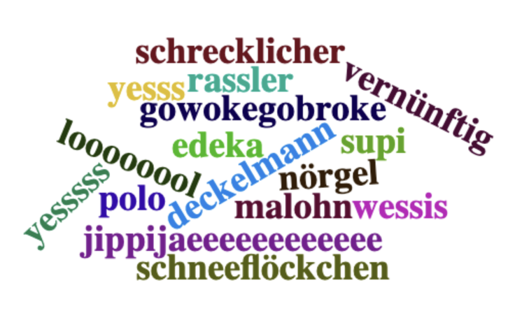 Wortwolke: [1] "deckelmann" "edeka" [3] "gowokegobroke" "jippijaeeeeeeeeeeee" [5] "loooooool" "malohn" [7] "nörgel" "polo" [9] "rassler" "schneeflöckchen" [11] "schrecklicher" "supi" [13] "vernünftig" "wessis" [15] "wieimmerdieüblichenverdächtigen" "yesss" [17] "yesssss"