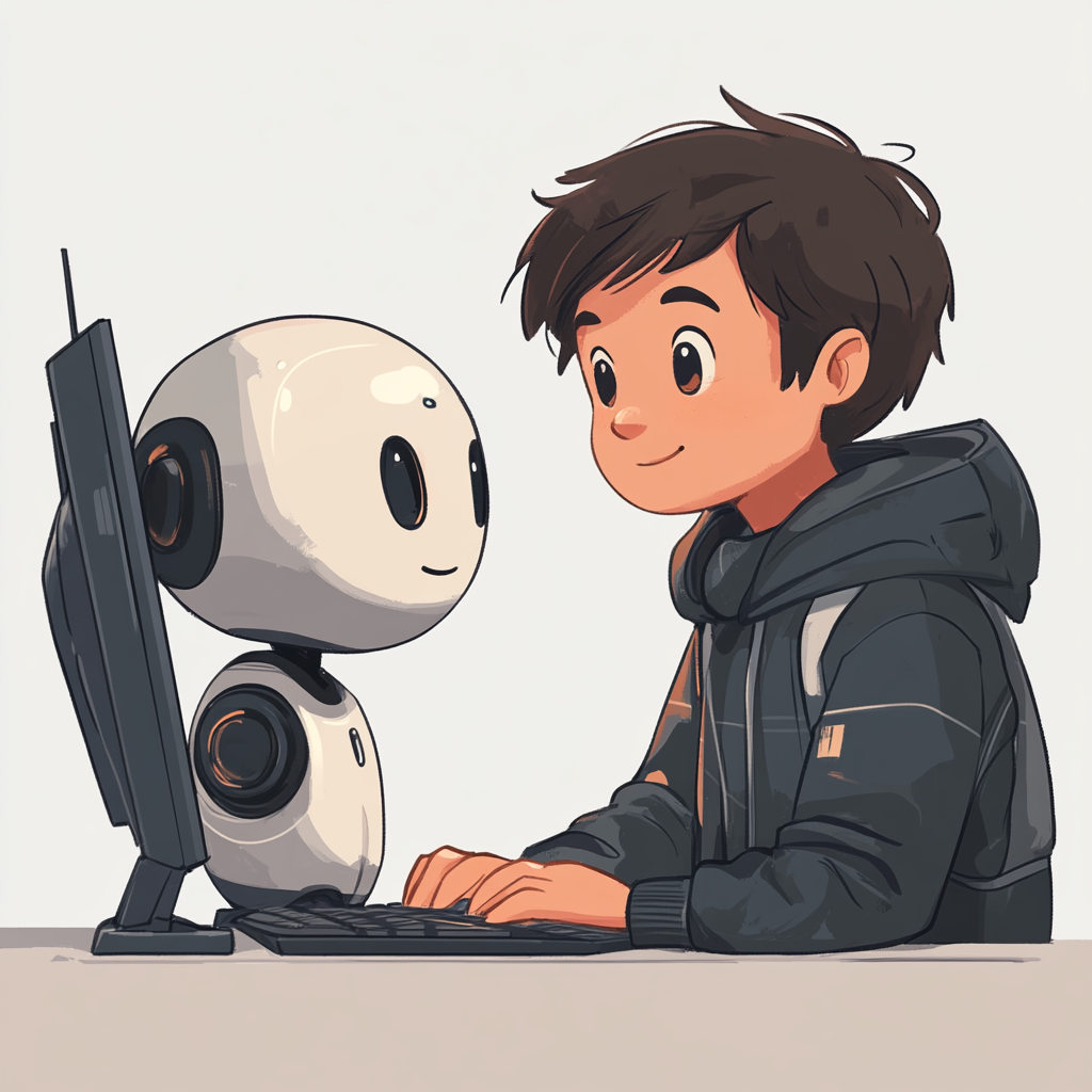 KI-Illustration: Fröhlicher Junge im Hoodie vorm Computer, freundlicher kleiner, schwarz-weißer Roboter sitzt daneben