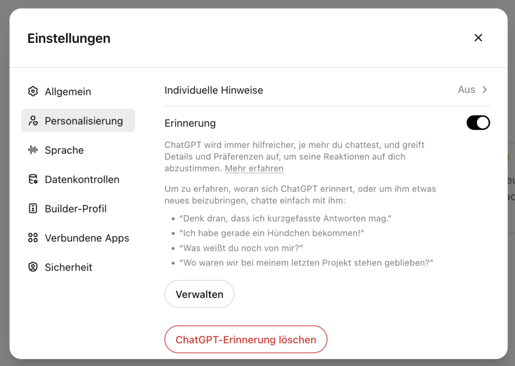 Einstellung des "Erinnerungs"-Bereich in den ChatGPT-Konto-Einstellungen unter Einstellungen/Personalisierung