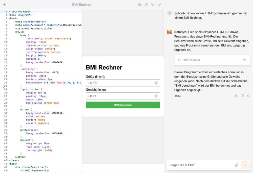 Screenshot: Links Code einer HTML-Canvas-Seite für einen BMI-Rechner, in der Mitte der BMI-Rechner, rechts der Chat: "Schreib mir ein kurzes HTML5-Canvas-Programm mit einem BMI-Rechner". 