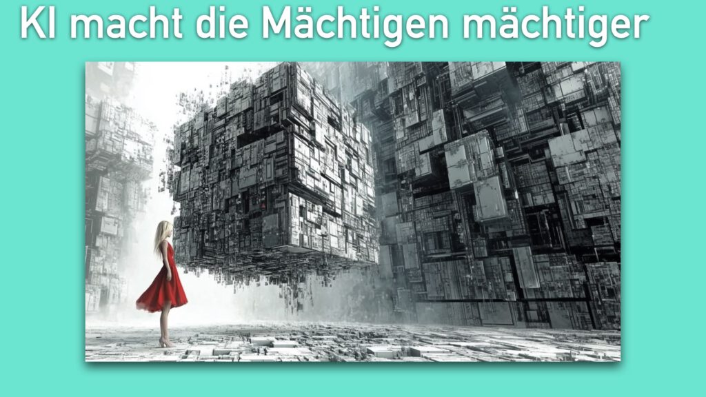 KI macht die Mächtigen mächtiger Eine Frau in einem roten Kleid steht vor einem riesigen, schwebenden Würfel aus mechanischen Teilen in einer futuristischen Landschaft. Der Hintergrund ist von weiteren ähnlichen Strukturen geprägt. Oben im Bild steht der Text: "KI macht die Mächtigen mächtiger".