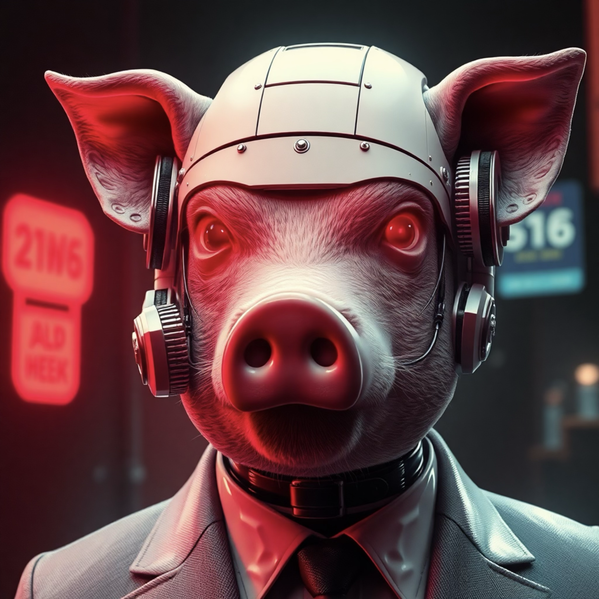 Ein Schwein trägt einen futuristischen Helm und Kopfhörer. Es ist in einen Anzug gekleidet. Im Hintergrund sind zwei unscharfe, leuchtende Schilder zu sehen.