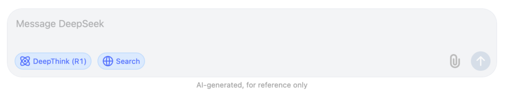 Deepseek-Eingabe-Maske: Schaltflächen "DeepThink (R1)", "Search"