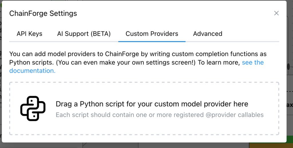 "Chainforge Settings", Tab: "Custom Provider": "Drag a Python script for your custom model provider here".