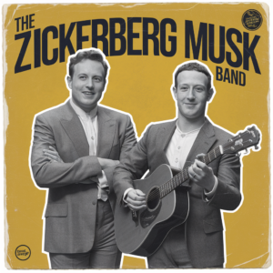 Ein Schwarz-Weiß-Bild zeigt zwei Männer in Anzügen vor einem gelben Hintergrund. Einer hält eine Akustikgitarre. Oben steht in großen Buchstaben: "THE ZICKERBERG MUSK BAND". Unten links ist ein kleines Logo: "HERITAGE ROCKS".