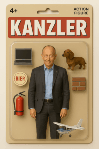 Eine Actionfigur-Verpackung mit der Aufschrift „KANZLER“. Enthalten sind eine Figur eines Mannes im Anzug, ein Laptop, ein Feuerlöscher, ein kreisförmiges Etikett mit der Aufschrift „BIER“, ein Dackel, ein kleines Modellflugzeug und drei Ziegelsteine. Oben links steht „4+“, rechts „ACTION FIGURE“.