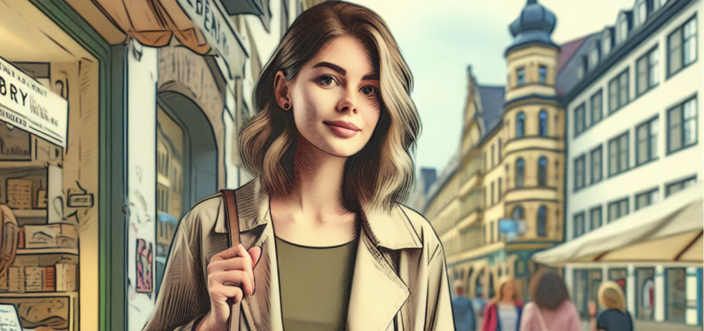Illustration: Eine junge Frau mit schulterlangem Haar und beigem Mantel steht auf einer belebten Straße. Im Hintergrund sind alte Gebäude und Geschäfte zu sehen. Die Straße ist mit Menschen belebt, und die Architektur wirkt europäisch.
