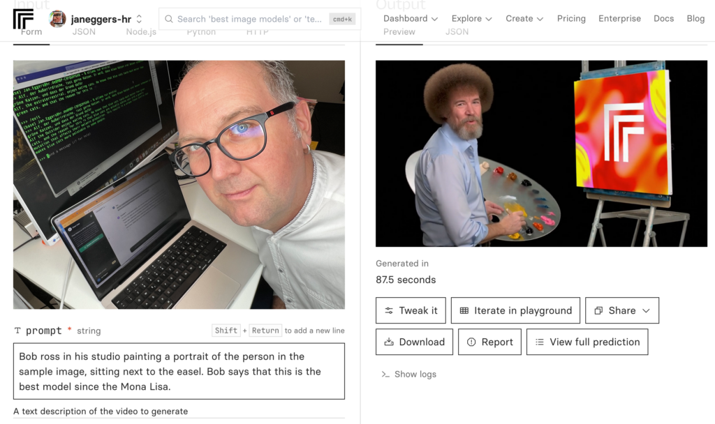 Links sieht man eine Person mit Brille, die einen Computerbildschirm und ein Laptop betrachtet. Auf dem Bildschirm sind grüne Terminaltexte zu erkennen. Rechts ist ein Mann im Maleroutfit, der an einer Staffelei malt. Das Bild auf der Staffelei zeigt ein farbenfrohes Muster mit einem weißen Logo. Oben im Bild ist eine Benutzeroberfläche einer Software mit Textanzeige, darunter die Beschriftung: „Bob ross in his studio painting a portrait ... since the Mona Lisa.“
