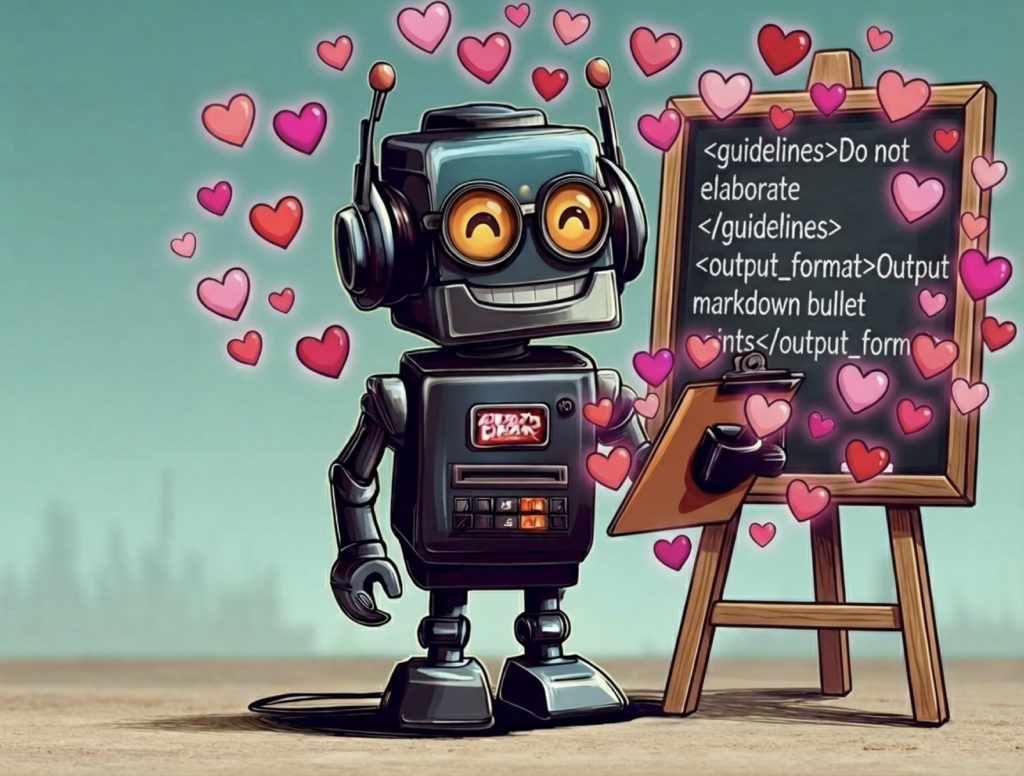 Ein niedlicher Roboter mit leuchtend orangefarbenen Augen hält ein Klemmbrett und steht vor einer Tafel. Um ihn herum fliegen rosa und rote Herzen. Auf der Tafel steht in Klammern: „\<guidelines\>Do not elaborate\</guidelines\>“ und „\<output_format\>Output markdown bullet points\</output_format\>“.