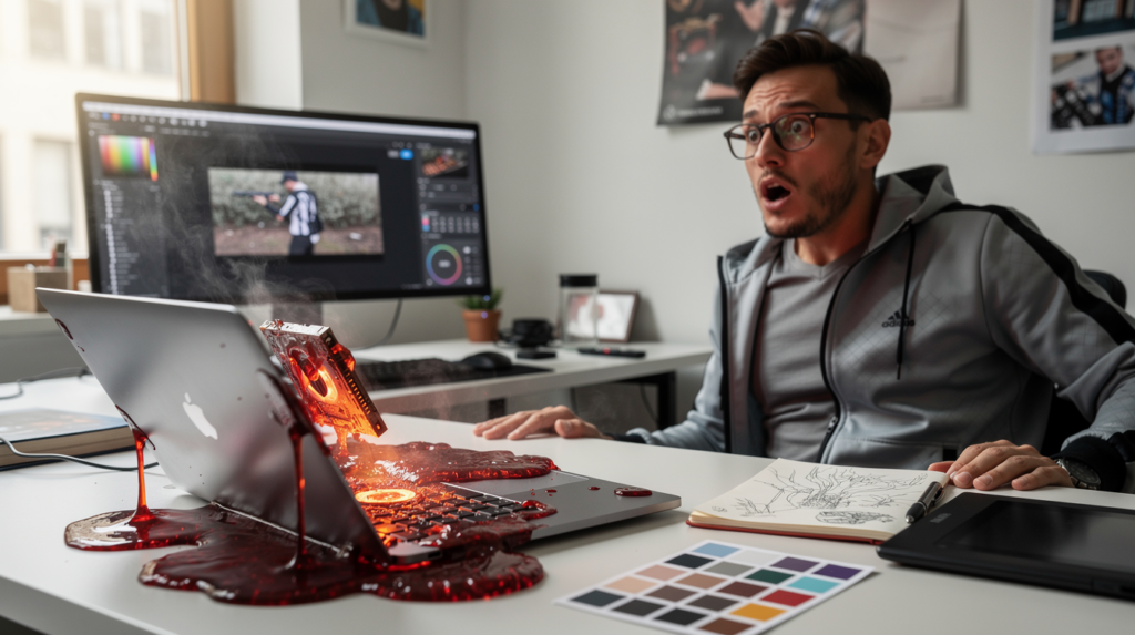 Flux Image: A Macbook's GPU melting, with lava-like red-hot computer goo, with the creative trying to generate an AI video looking on in horror. The Creative wears a stylish tracksuit and fashionable glasses, mid-30s, but gives of an air of naivity. Canon EOS, natural lighting