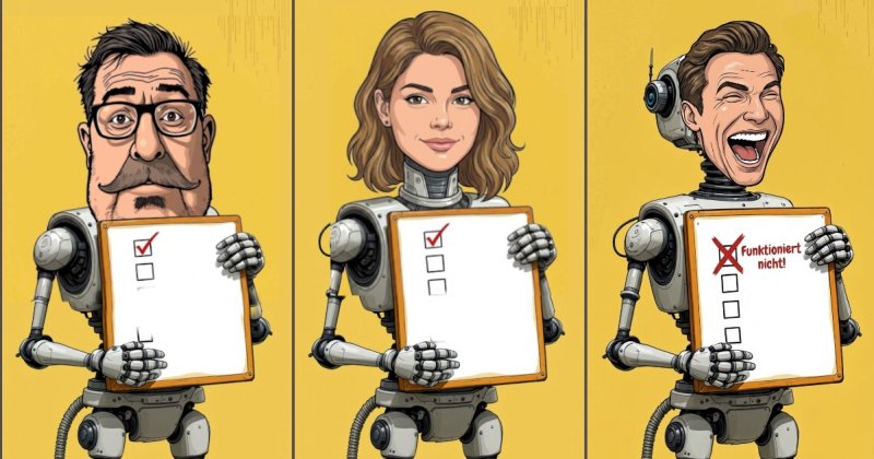 Comiczeichnung: Drei Roboter halten Klemmbretter, ihre Köpfe sind menschliche Gesichter; beim dritten ist rot „funktioniert nicht!“ angekreuzt.