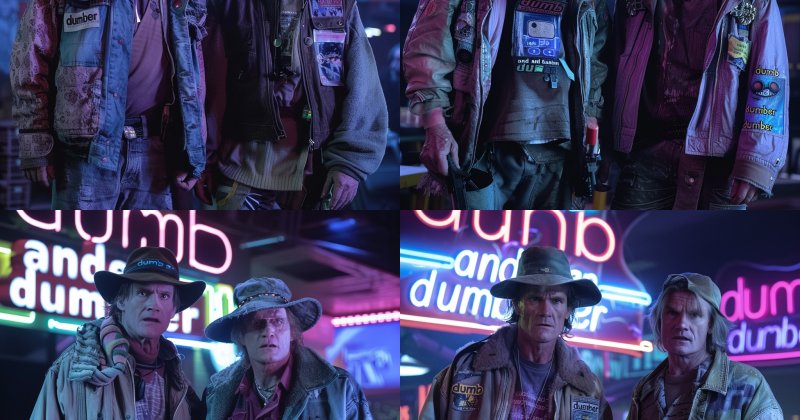 Vier KI-Varianten derselben Filmszene: zwei heruntergekommene Männer stehen vor Neonschriftzügen „dumb and dumber“.