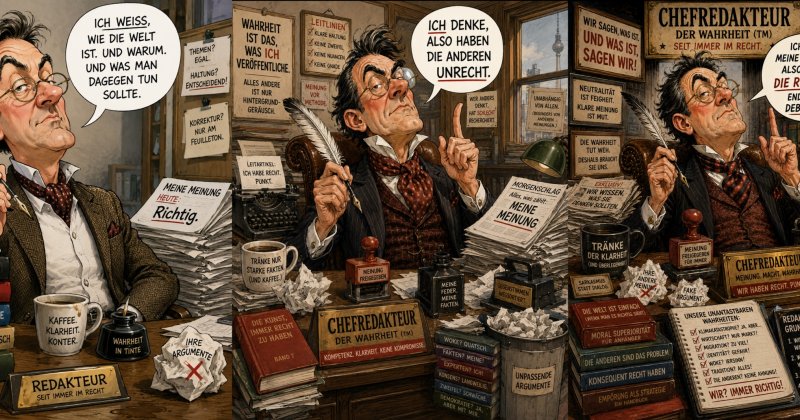 Dreiteilige Karikatur: Derselbe Redakteur am Schreibtisch wird von Bild zu Bild selbstgewisser — vom „Redakteur“ zum „Chefredakteur der Wahrheit“; in den Sprechblasen steht unter anderem „Ich weiß, wie die Welt ist“.