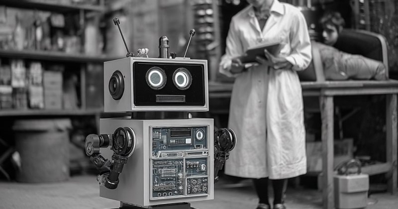 Schwarzweißes KI-Bild: Ein kleiner Roboter auf Ketten steht in einer Werkstatt, dahinter eine Frau im Kittel mit Klemmbrett.
