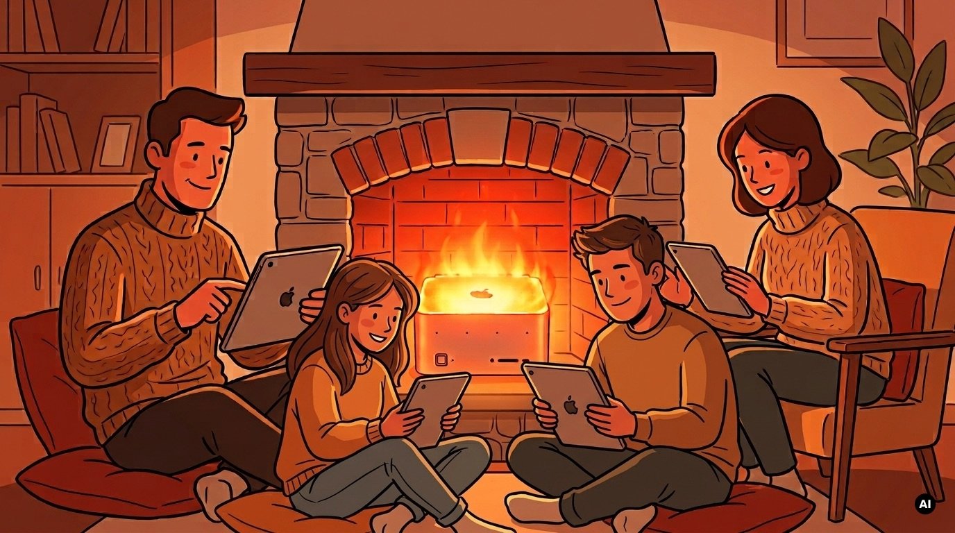 Eine Familie sitzt auf dem Boden vor einem Kamin. Alle vier Personen halten Tablets in den Händen und lächeln. Der Kamin ist aus Stein, und ein heißer Computer-Würfel glüht darin.