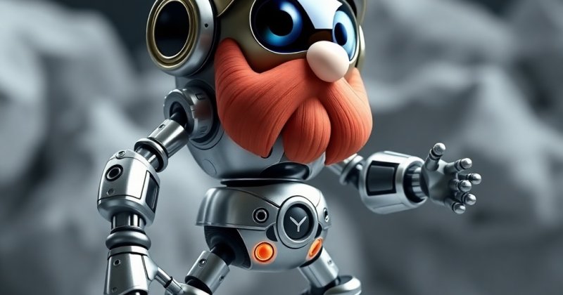 KI-Bild: Ein kleiner Roboter mit Flügelhelm und rotem Bart steht kampfbereit in einer grauen Felsenlandschaft.