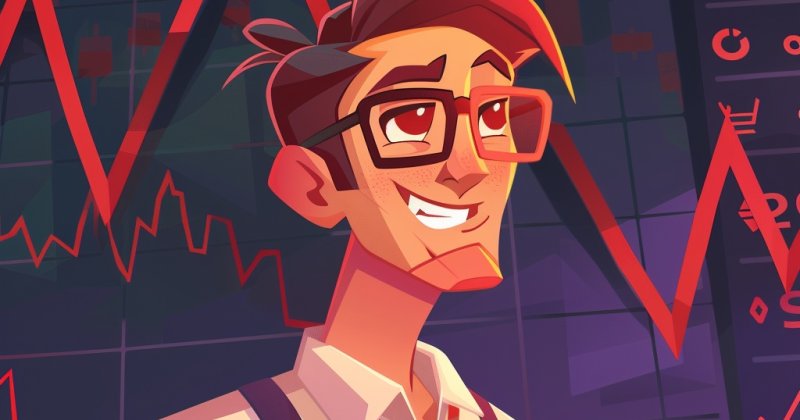 Illustration: Ein grinsender Börsenhändler mit Brille vor einer Anzeigetafel mit steil abstürzenden roten Kurven.