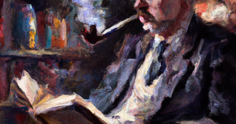 Impressionistisch gemaltes KI-Bild: Ein Mann mit Pfeife sitzt im Sessel vor einem Bücherregal und liest in einem Buch.