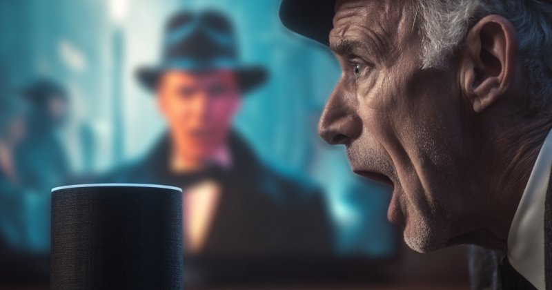 KI-Bild: Ein älterer Mann mit Hut schreit einen Smart Speaker an; im Hintergrund läuft auf einem Fernseher eine Filmszene mit einem Mann im Hut.