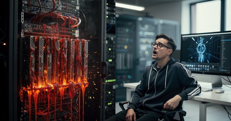 KI-Bild: Ein Mann sitzt erschrocken im Serverraum, neben ihm schmilzt ein Rack zu glühender roter Masse.
