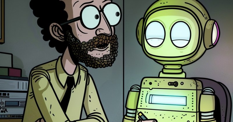 Comiczeichnung: Ein Mann mit Brille und Bart sitzt neben einem grünen Roboter, der mit einem Stift auf ein Blatt Papier schreibt.