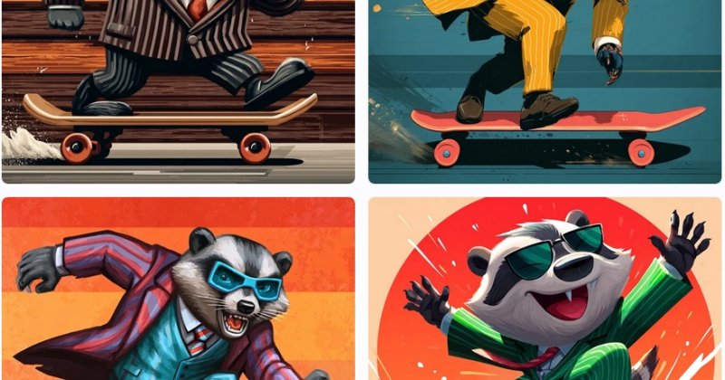 Vier KI-Varianten desselben Motivs: ein Dachs im Anzug auf einem Skateboard, jeweils in anderem Grafikstil und anderer Farbigkeit.