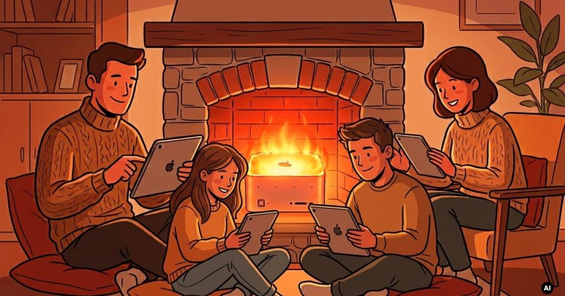 Eine Familie sitzt auf dem Boden vor einem Kamin. Alle vier Personen halten Tablets in den Händen und lächeln. Der Kamin ist aus Stein, und ein heißer Computer-Würfel glüht darin.