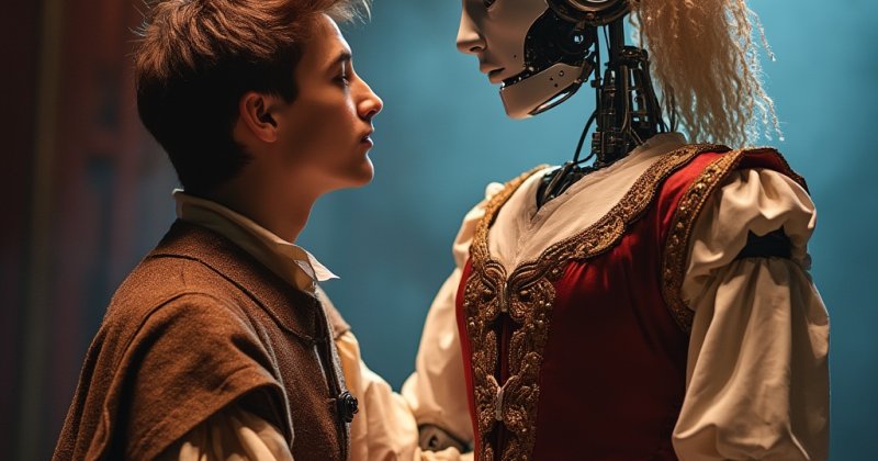 KI-Bild: Ein junger Mann im historischen Kostüm steht einer Roboterfrau im roten Renaissancekleid gegenüber, wie in einer Theaterszene.