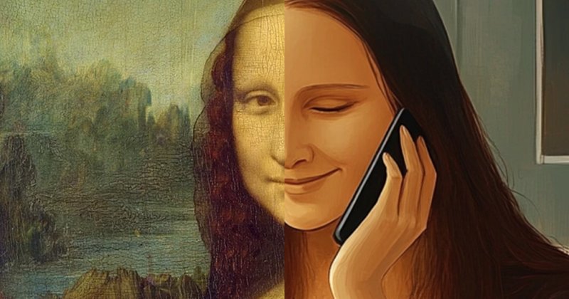 Bildmontage: Links die Mona Lisa von Leonardo, rechts dieselbe Frau modern gezeichnet, mit einem Smartphone am Ohr.