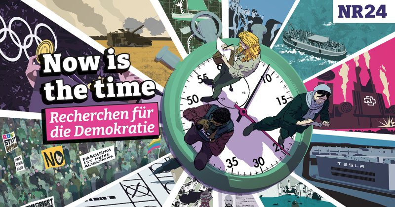 Bühnenbanner der Jahrestagung Netzwerk Recherche 2024: „Now is the time – Recherchen für die Demokratie“, illustriert, mit einer großen Stoppuhr in der Mitte.