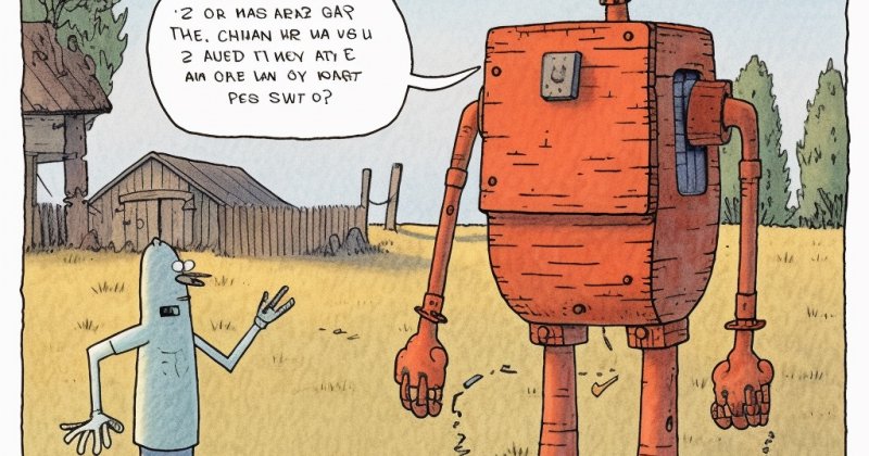 Cartoon: Ein kleiner Mensch steht auf einer Wiese neben einem großen roten Blechroboter; in dessen Sprechblase steht sinnloses Buchstabenkauderwelsch.