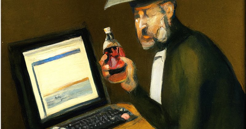 Gemaltes KI-Bild: Ein Mann mit Hut sitzt vor einem Röhrenmonitor und betrachtet eine kleine, wie von Hieronymus Bosch gemalte Figur in seiner Hand.