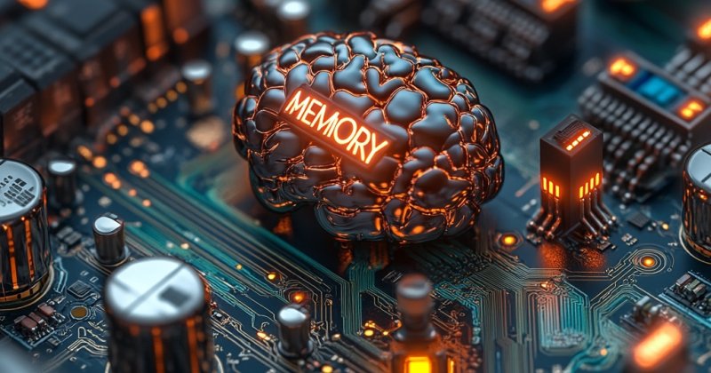 KI-Bild: Ein Gehirn aus Metall sitzt mitten auf einer Platine, darauf leuchtet der Schriftzug „MEMORY“.