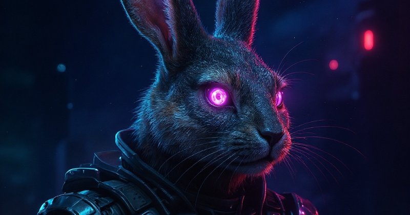 KI-Bild: Ein Hase mit pink leuchtenden Augen in dunkler Rüstung vor nächtlicher Neonkulisse.