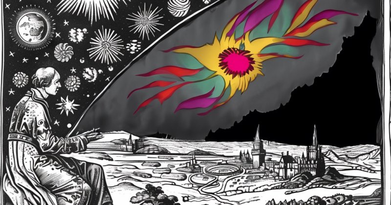 KI-Bild im Stil eines alten Holzschnitts: Ein Gelehrter sitzt am Rand einer Landschaft und blickt in einen Sternenhimmel, in den ein farbiger Feuerball bricht.