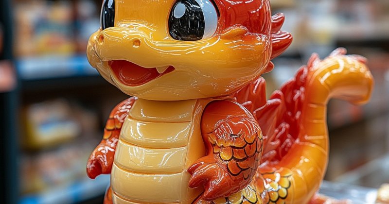 KI-Bild: Eine glänzende Spielzeugfigur eines roten Drachen steht auf einem Verkaufstisch in einem Supermarktregal.