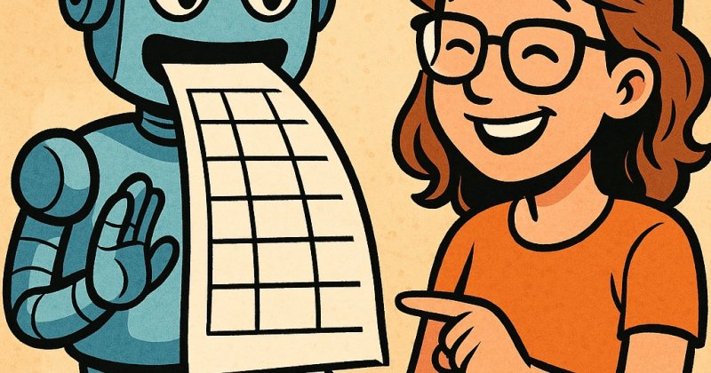 Comiczeichnung: Aus dem Mund eines blauen Roboters läuft eine lange Tabelle auf Papier, eine lachende Frau mit Brille zeigt darauf.
