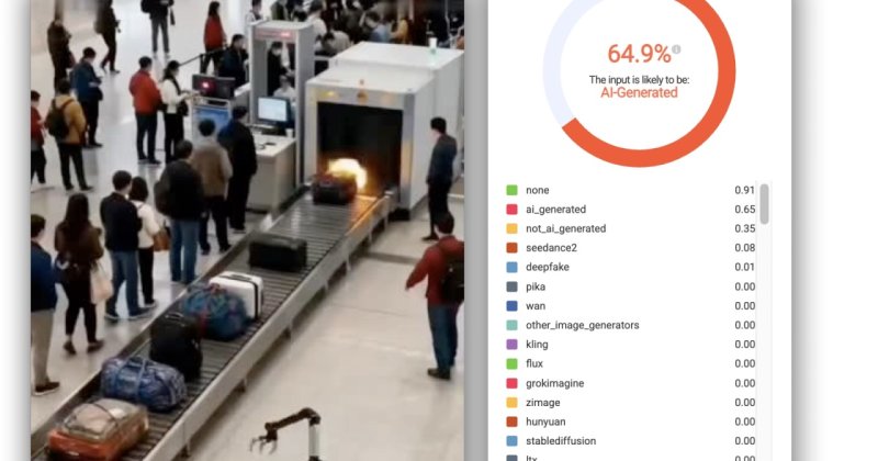 Screenshot eines KI-Detektors: links das Standbild eines Videos vom Gepäckband einer Flughafenhalle, in dem ein Koffer im Durchleuchtungsgerät brennt; rechts die Auswertung mit 64,9 Prozent und dem Urteil „likely to be AI-Generated", darunter eine Liste von Einzelwerten.