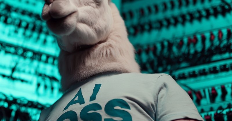 KI-Bild: Ein Lama im T-Shirt mit der Aufschrift „AI BOSS“ steht vor türkis beleuchteten Serverschränken.
