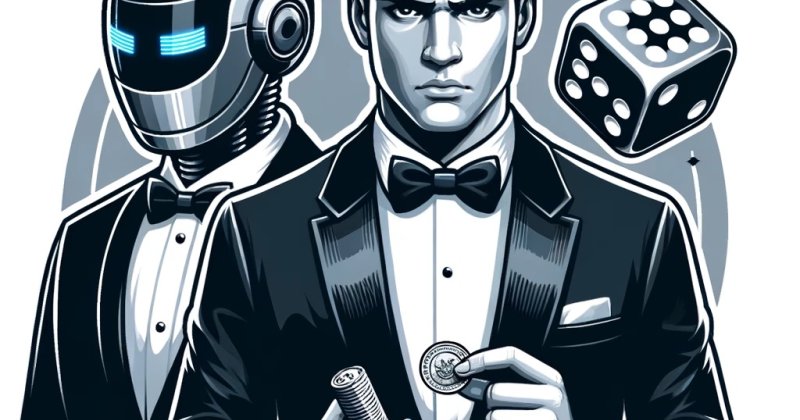 Schwarzweiß-Illustration: Ein Mann im Smoking hält Spielchips und eine Münze, hinter ihm ein Roboter im Smoking, daneben ein großer Würfel.