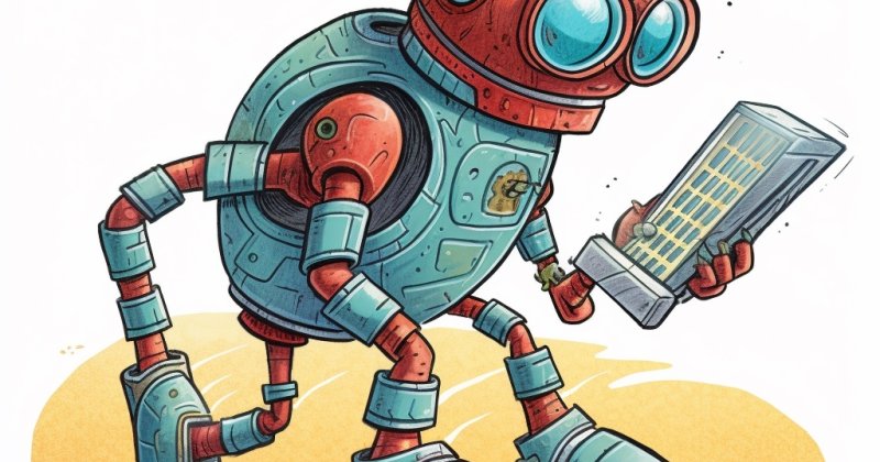Comiczeichnung: Ein rot-türkiser Roboter läuft gebückt und hält ein Tablet mit einer Tabelle in der Hand.