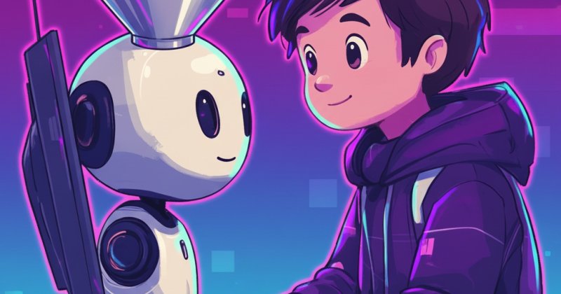 Zeichnung: Ein Junge tippt an einer Tastatur, neben ihm ein weißer Roboter, in dessen Kopf ein Trichter Bücher und Dokumente schüttet.