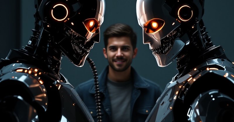 KI-Bild: Zwei schwarze Roboter mit totenkopfartigen Gesichtern und glühenden Augen stehen einander zugewandt, dazwischen lächelt ein junger Mann.