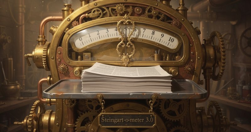 Steampunk-Maschine, 16:9. Messing und Kupfer mit Zahnrädern und Dampfrohren. Große runde Skala von 0–10 mit dickem Zeiger. Darunter auf einem Wiege-Tablett ein Stapel bedruckter Blätter. An der Front ein graviertes Messingschild mit dem Text „Steingart-o-meter". Warmes goldenes Licht, detailreiche Mechanik, Werkstatt-Hintergrund.